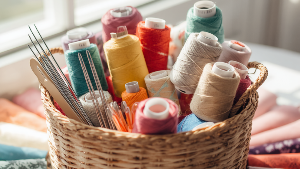 Organized Sewing Room Basket With Thread And Needles