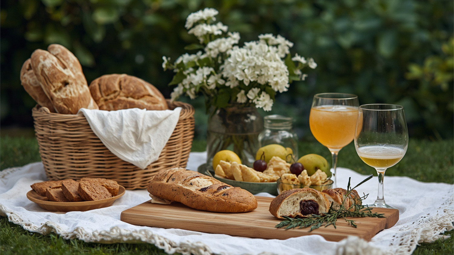 Outdoor Picnic Spread With Wicker Basket