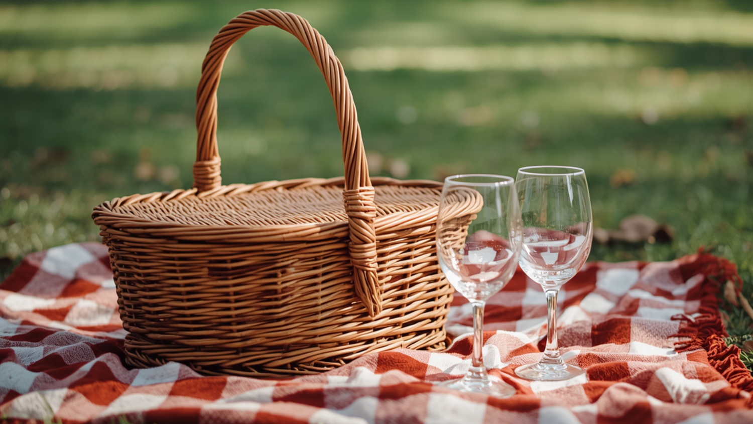 Romantic Picnic Date Setup With Basket And Glasses