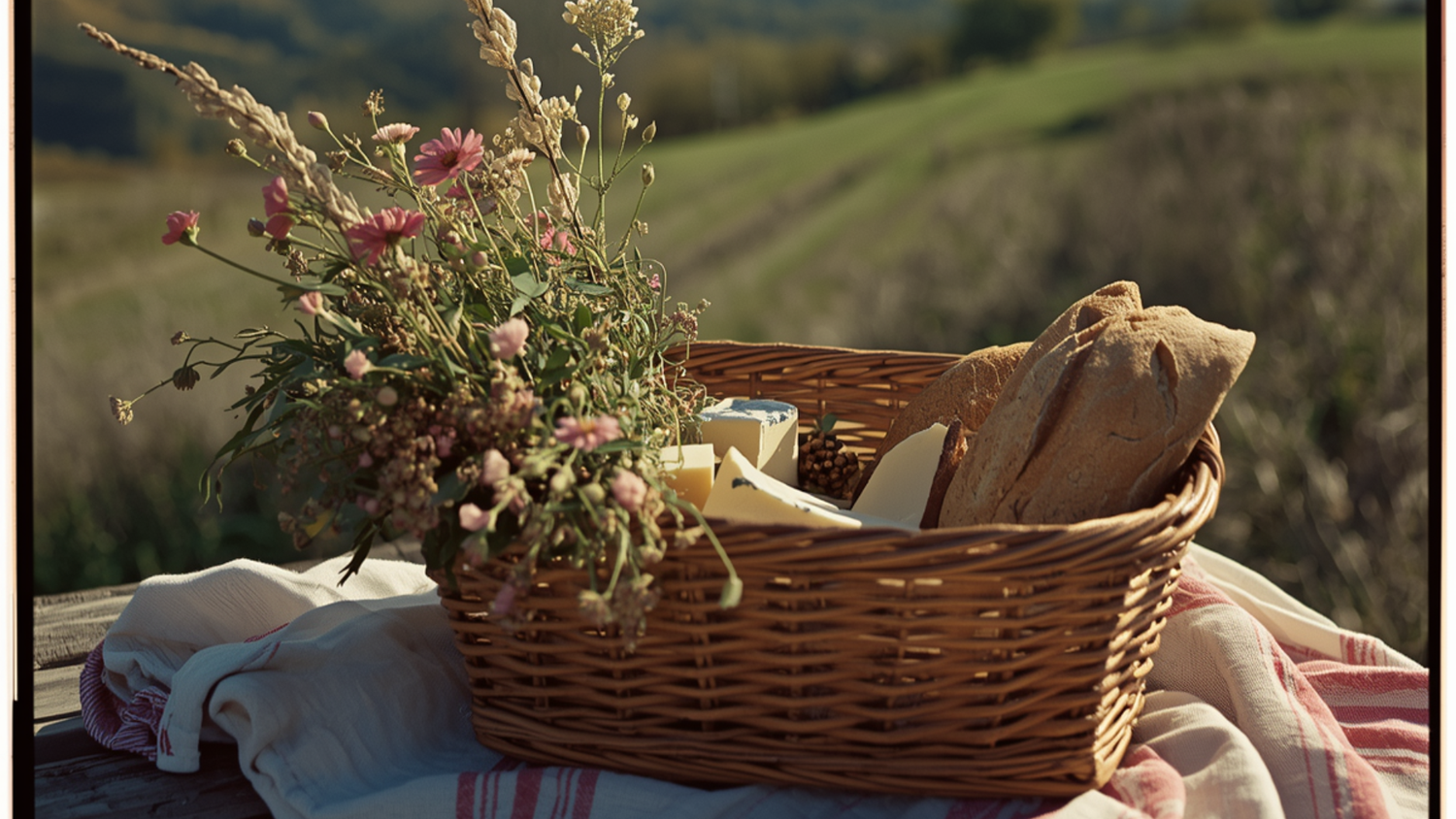 Spring Picnic Basket With Wildflowers And Bread