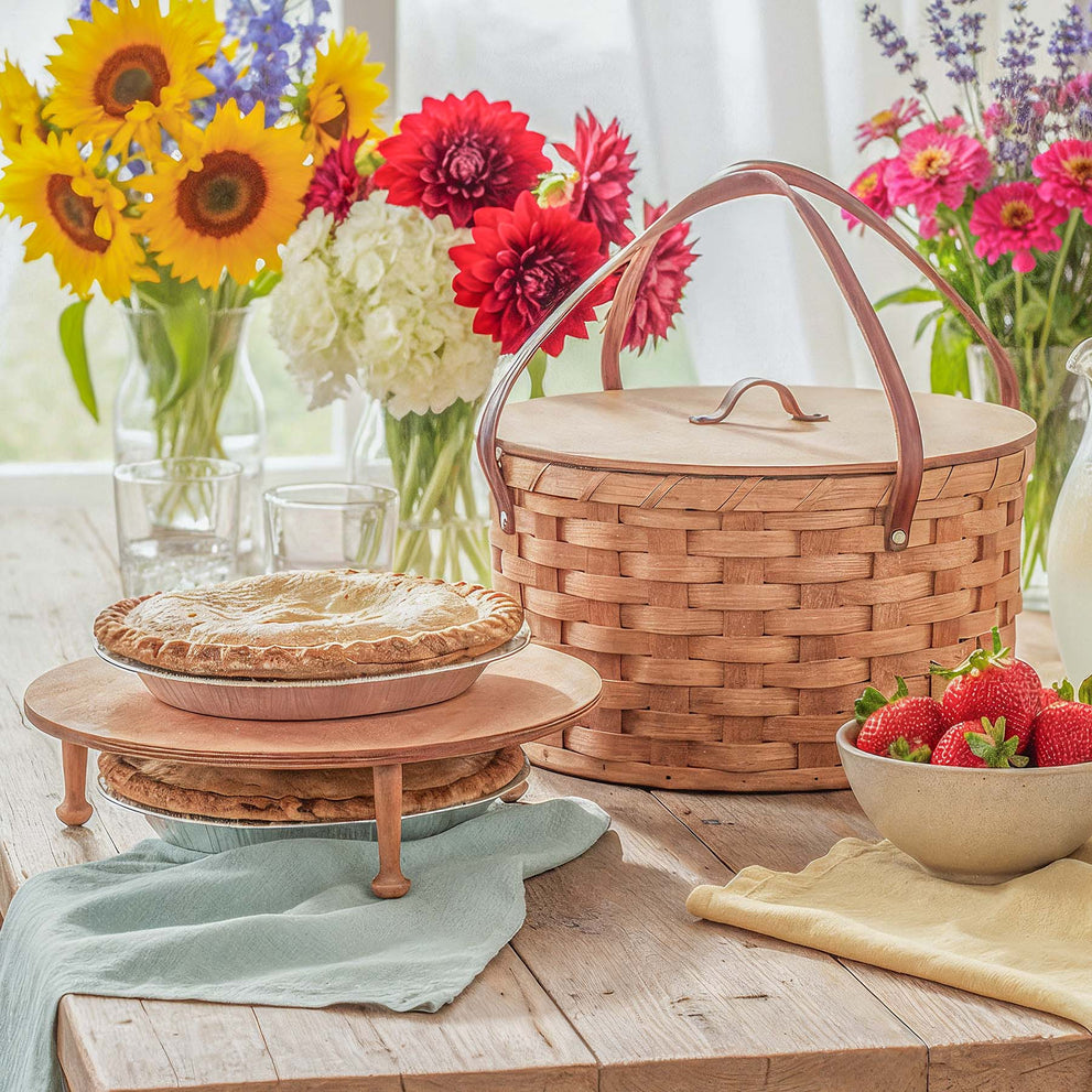 Amish handwoven dual pie carrier with wooden lid and carrying tray holding two fresh baked pies