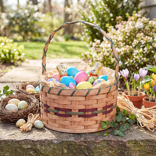 Medium Round Easter Basket | Natural Traditional Amish Woven Wicker Wine & Green