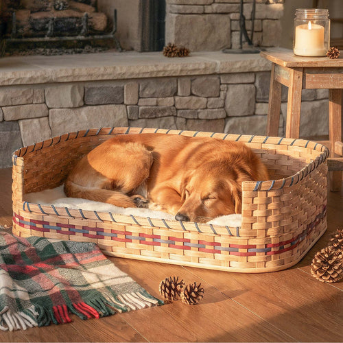 Large Wicker Dog Bed | Amish Woven Pet Bed Basket Wine & Blue