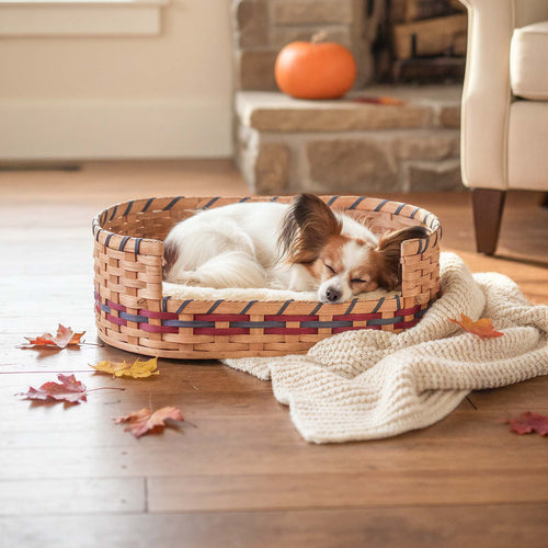 Small Wicker Dog Bed | Amish Woven Pet Bed Basket Wine & Blue