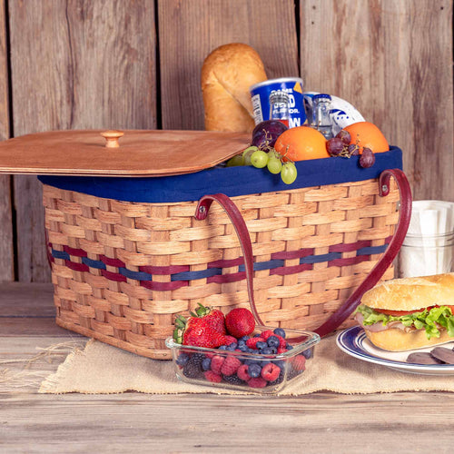 Amish Picnic Basket | Large Classic Wicker Outdoor Tote With Lid Wine & Blue