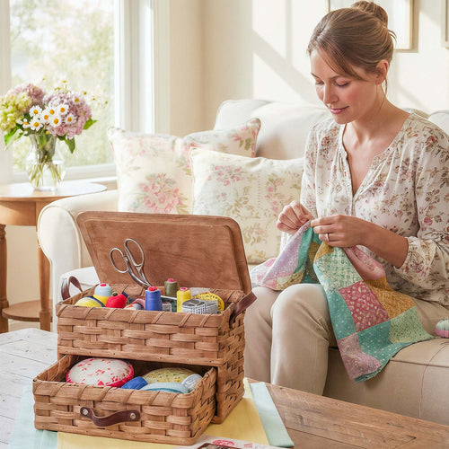 Craft & Sewing Organizer | Amish Woven Storage Basket w/Drawer Plain